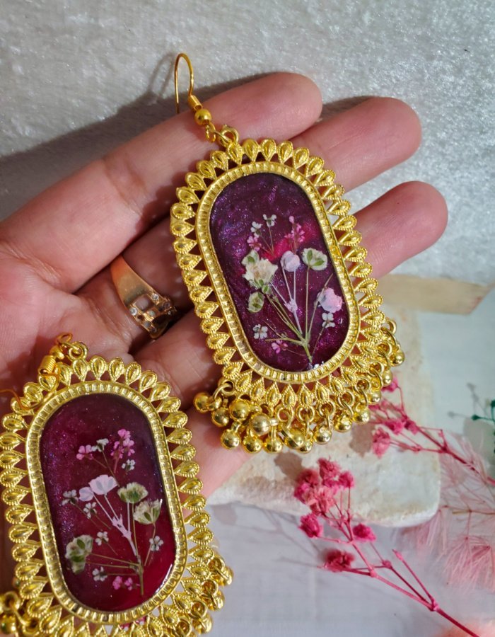 Shah-e-Gulabi Berry Pink Floral Earrings 2 Shah‑e‑Gulabi Berry Pink Floral Earrings – handmade real flower earrings, view 4