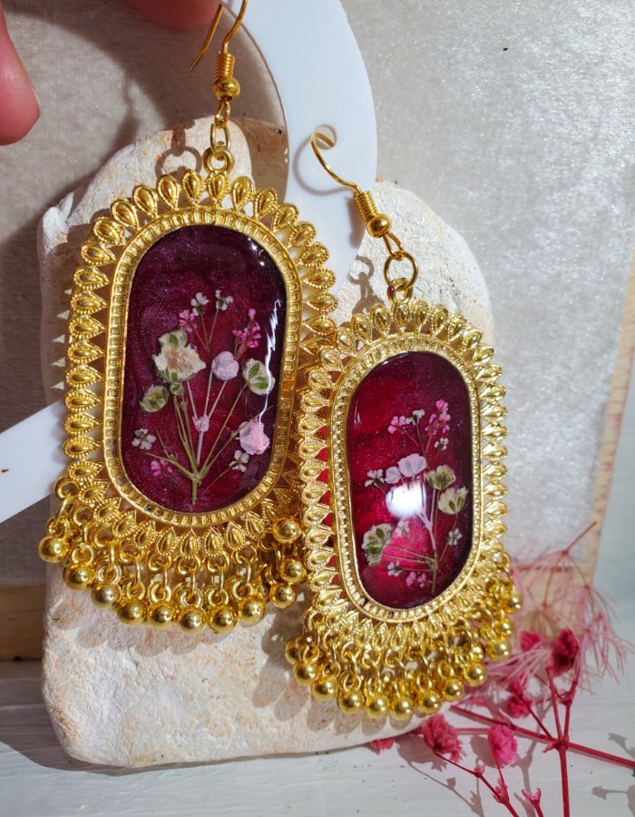 Shah-e-Gulabi Berry Pink Floral Earrings 3 Shah‑e‑Gulabi Berry Pink Floral Earrings – handmade real flower earrings, view 5