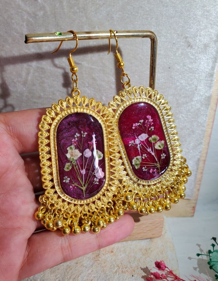 Shah-e-Gulabi Berry Pink Floral Earrings 6 Shah‑e‑Gulabi Berry Pink Floral Earrings – handmade real flower earrings, view 6