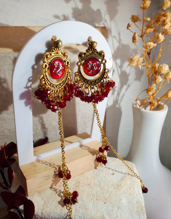 Zar-e-Anjum Red Floral Earrings 1 Zar‑e‑Anjum Red Floral Earrings – handmade resin flower earrings, view 3