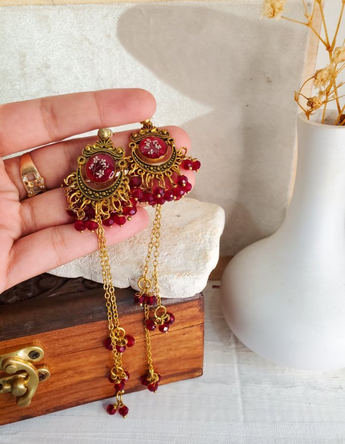 Zar-e-Anjum Red Floral Earrings 5 Zar‑e‑Anjum Red Floral Earrings – handmade resin flower earrings, view 6