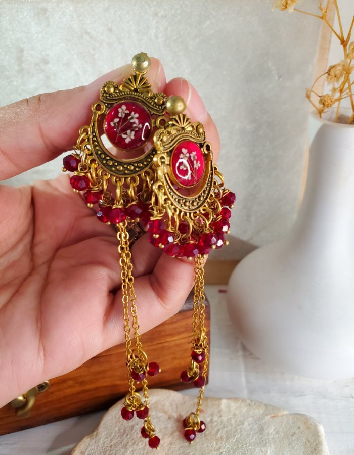 Zar-e-Anjum Red Floral Earrings 6 Zar‑e‑Anjum Red Floral Earrings – handmade resin flower earrings, view 7