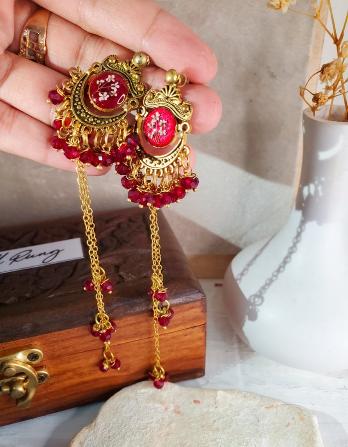 Zar-e-Anjum Red Floral Earrings 7 Zar‑e‑Anjum Red Floral Earrings – handmade resin flower earrings, view 8