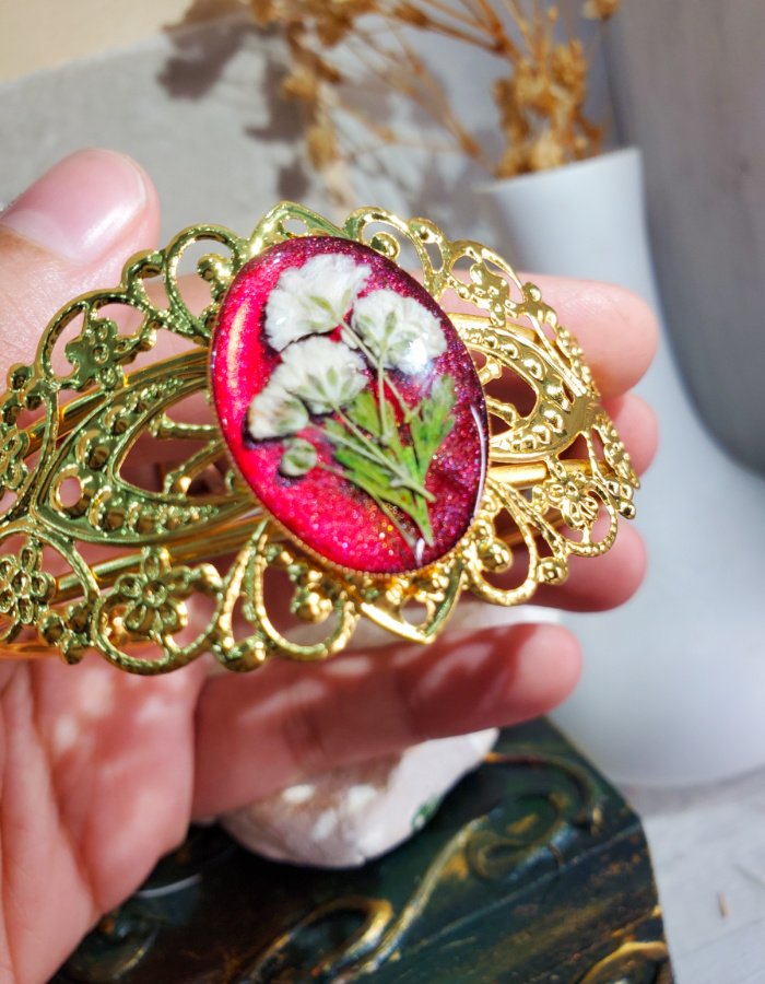 Zar-e-Gulnar Red Floral Bracelet – handmade flower cuff bracelet, worn in hand