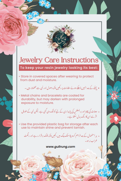 Gullrung jewelry care instructions card in English and Urdu for resin flower jewelry