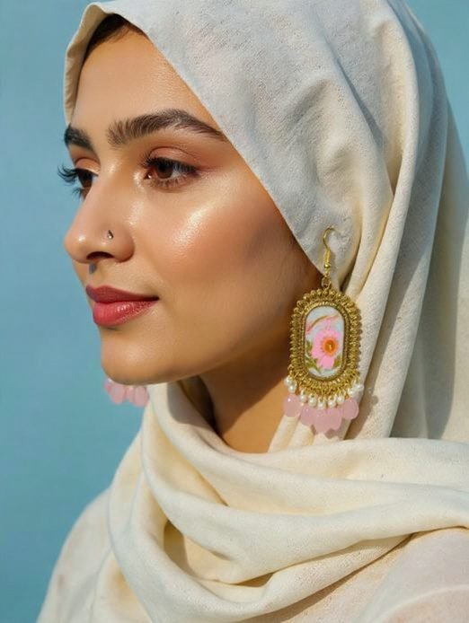 Gullrung real flower resin earrings worn over a cream hijab